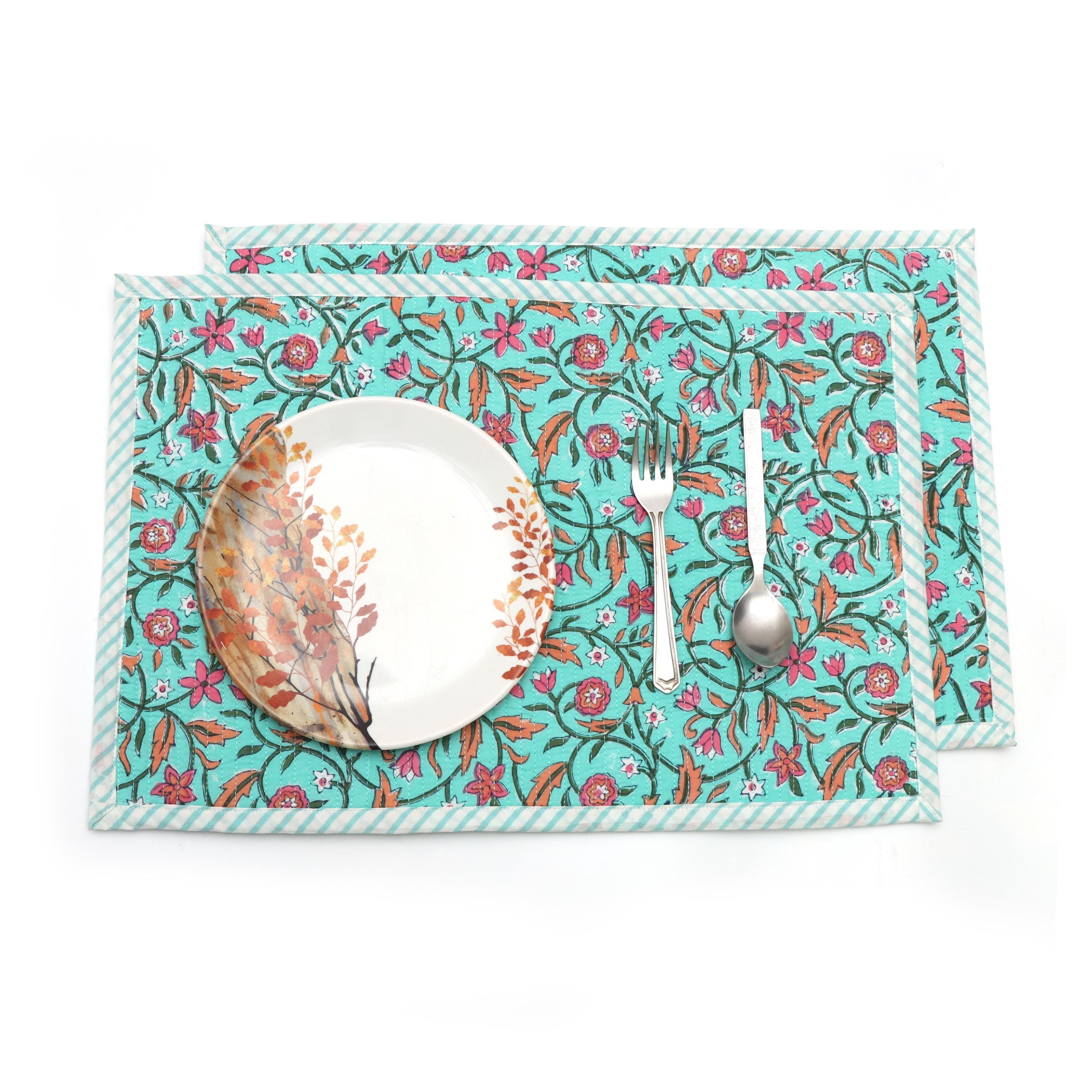 Teal Block Print Table Mat, Indian Style Table Linen, Handmade Floral Cotton Placemat, Indian Style Table Linen, colorful table mat, Gifts