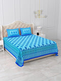Blue Turquoise Hand Block Print Cotton Bedsheet with Pillow Covers, Queen Size Bedding Set, Floral Indian Bedspread, Soft Breathable Sheet