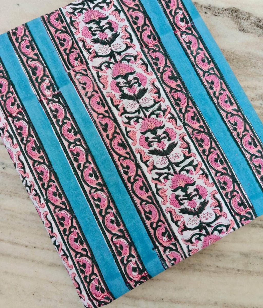 Pink Floral Block Print Cotton Fabric, Turquoise Stripe Indian Fabric, Hand Block Printed Cotton Yardage, Boho Craft Sewing Textile