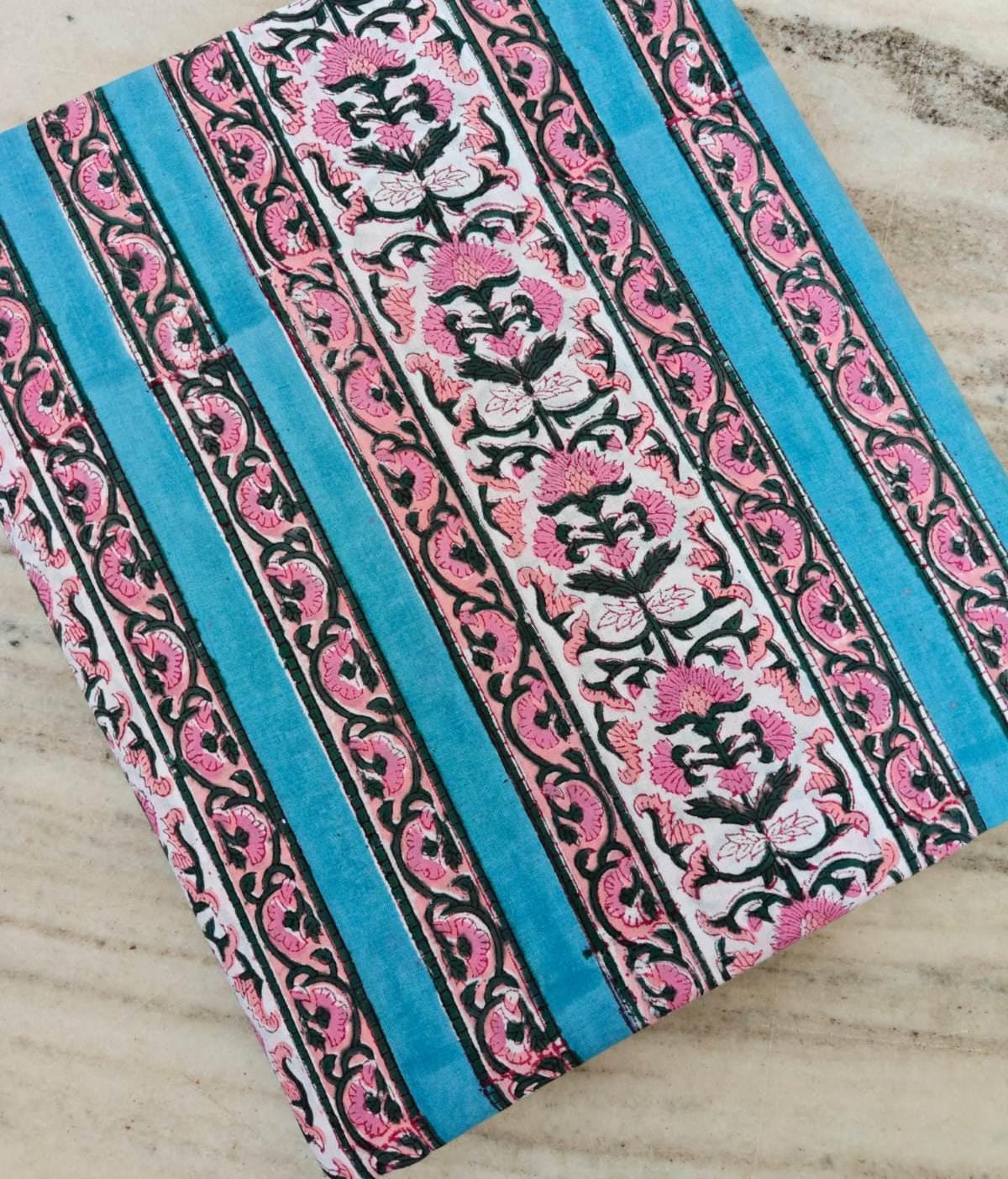 Pink Floral Block Print Cotton Fabric, Turquoise Stripe Indian Fabric, Hand Block Printed Cotton Yardage, Boho Craft Sewing Textile