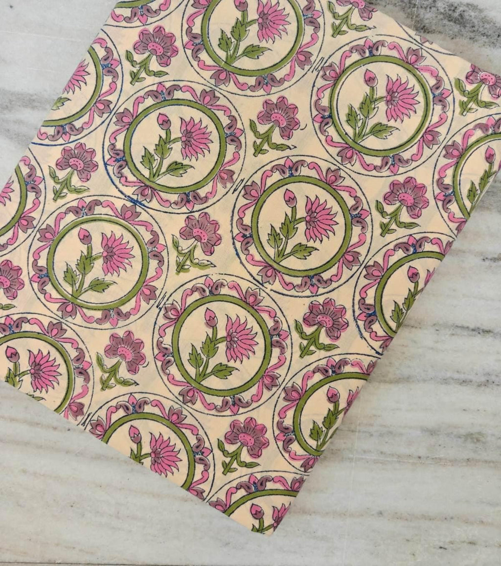 Pink Floral Block Print Cotton Fabric, Indian Hand Block Printed Fabric, Boho Flower Fabric by the Yard Quilting Cotton, Soft Cotton Textile