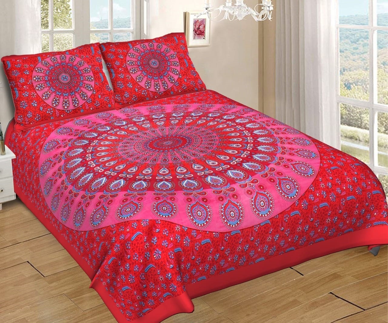 Queen Size Cotton Bedsheet | Red Color Jaal Bedsheet | Handmade Sanganeri Printed Bedcover | Floral Bedsheet | Double Bedsheet