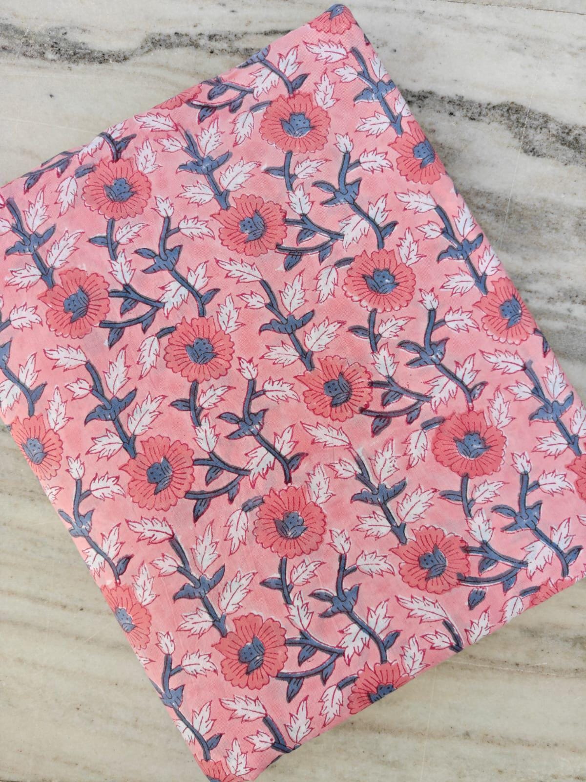 Beige Pink Floral Cotton Fabric, Block Print Flower Fabric, Vintage Floral Cotton by the Yard, Indian Block Print Fabric Dress Making