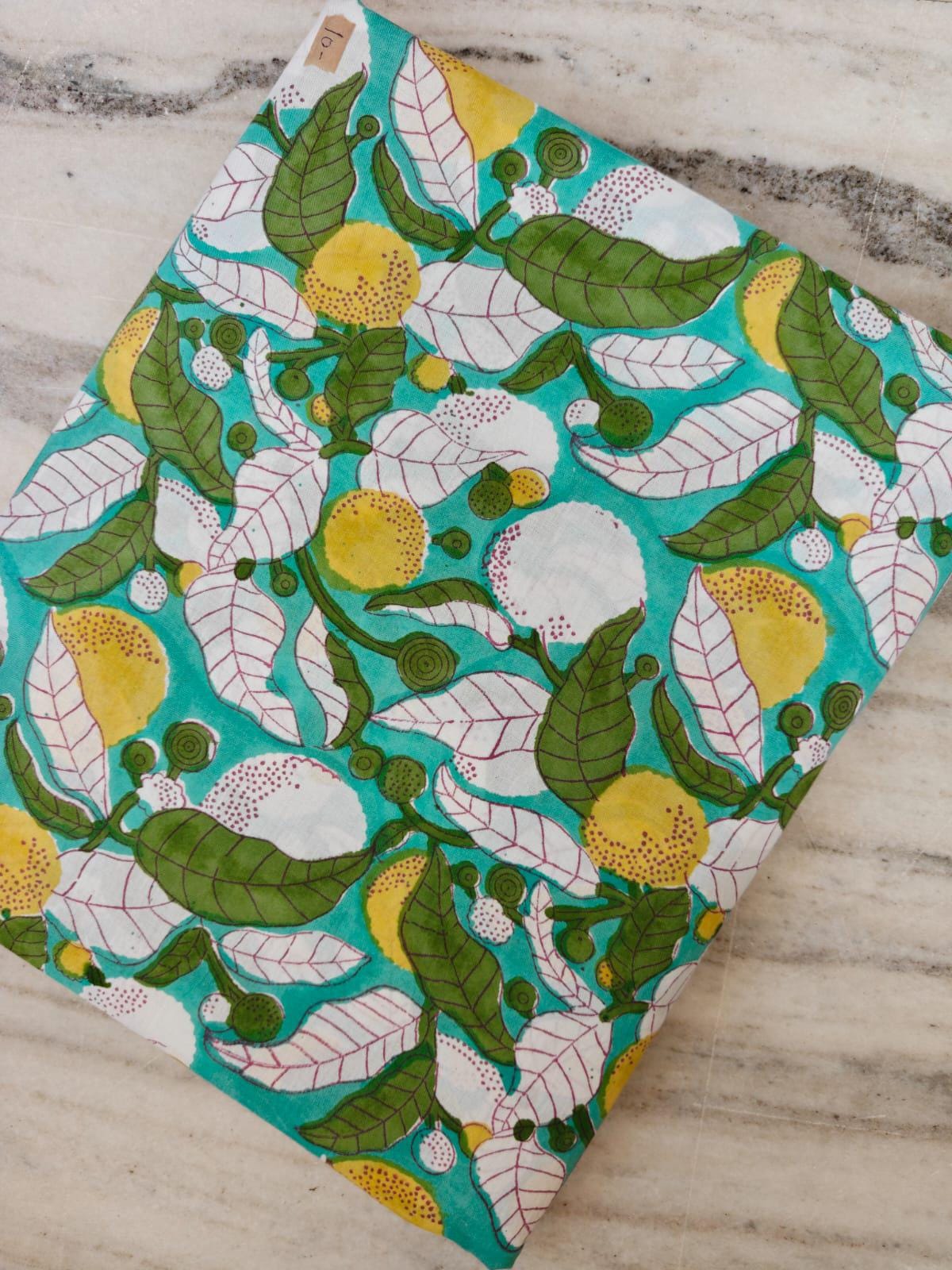 Lemon Print Cotton Fabric, Fruit Cotton Fabric by The Yard, Green Leaf Summer Fabric, Block Print Cotton Fabric Dress Making, Textile Fabric