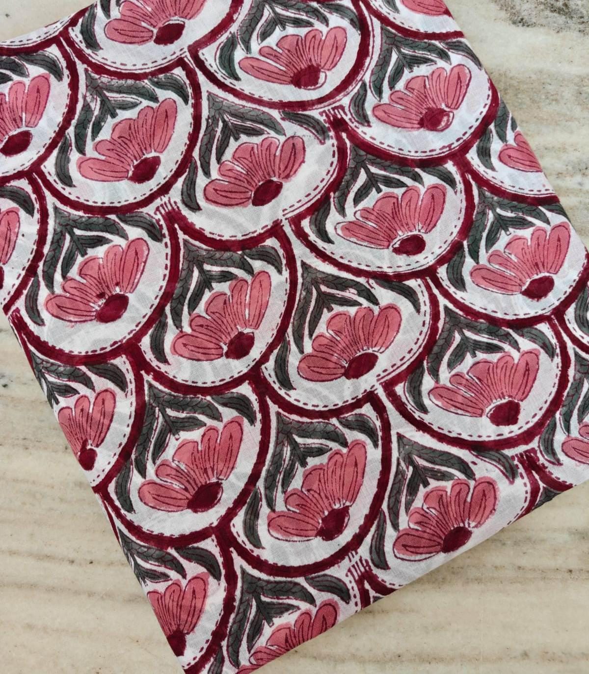 Blush Pink Scallop Floral Cotton Fabric, Hand Block Print Style, Bold Boho Botanical Textile, Indian Inspired Sewing Fabric, Quilting Fabric