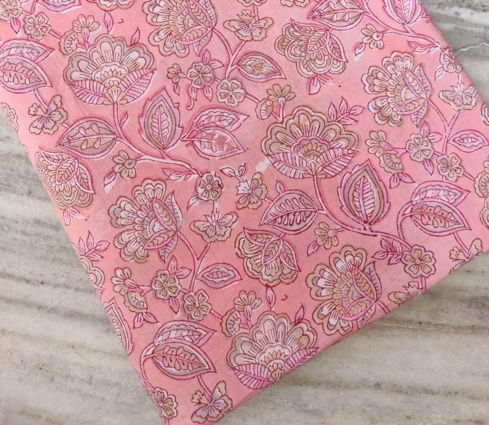 Pink Floral Cotton Fabric, Hand Block Print Material by the Yard, Quilting, Dressmaking & Sewing Fabric, Indian Soft Cotton, Running Fabric
