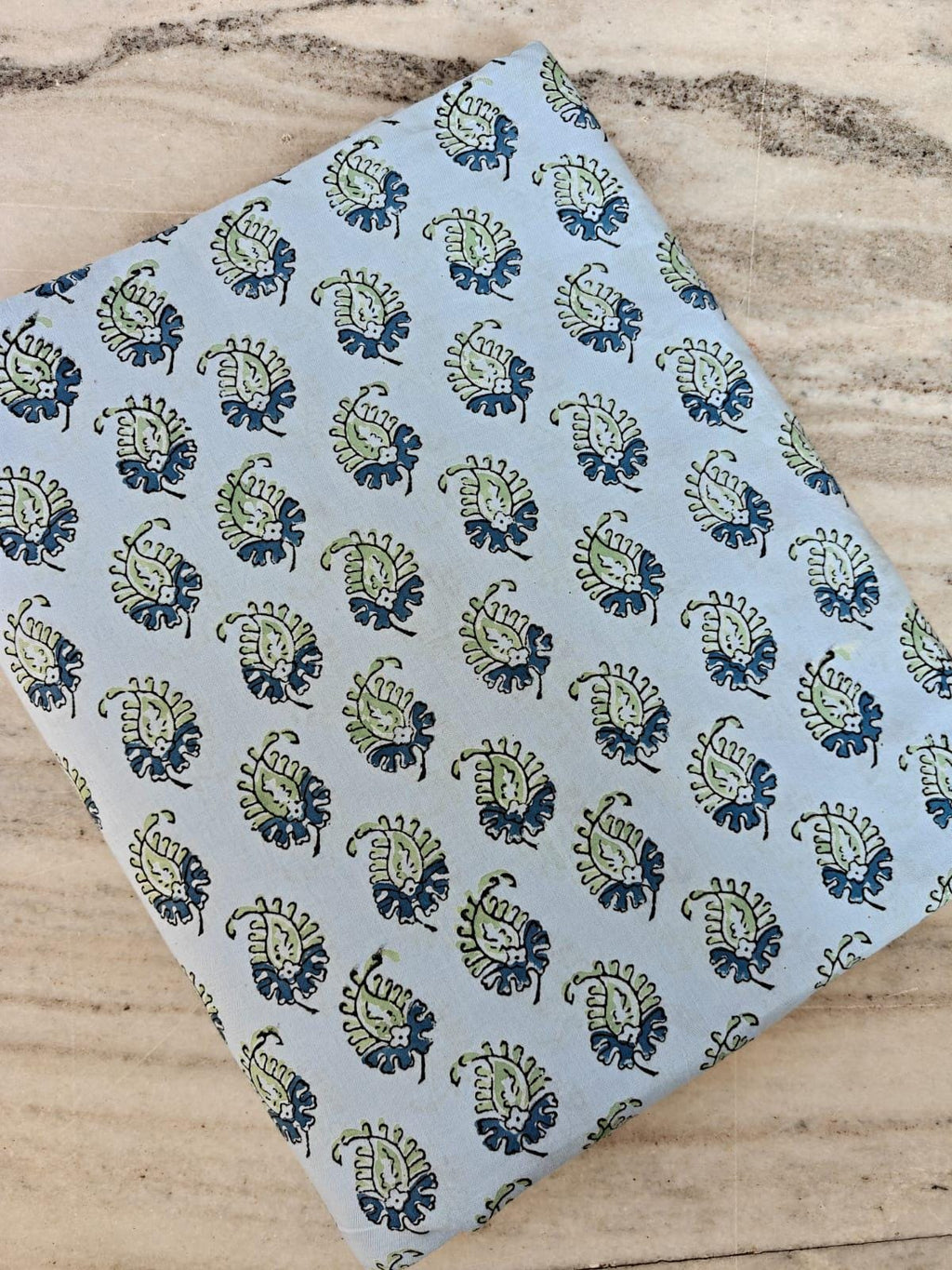 Light Blue Paisley Block Print Cotton Fabric by the Yard, Indian Hand Printed Floral Cotton, Soft Boho Sewing Quilting Cotton Textile Fabric