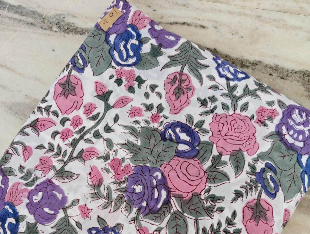 Floral Cotton Fabric by Yard, Pink Purple Blue Rose Print Fabric, Soft Cotton Fabric for Sewing, Quilting, Dressmaking, White Base Fabric