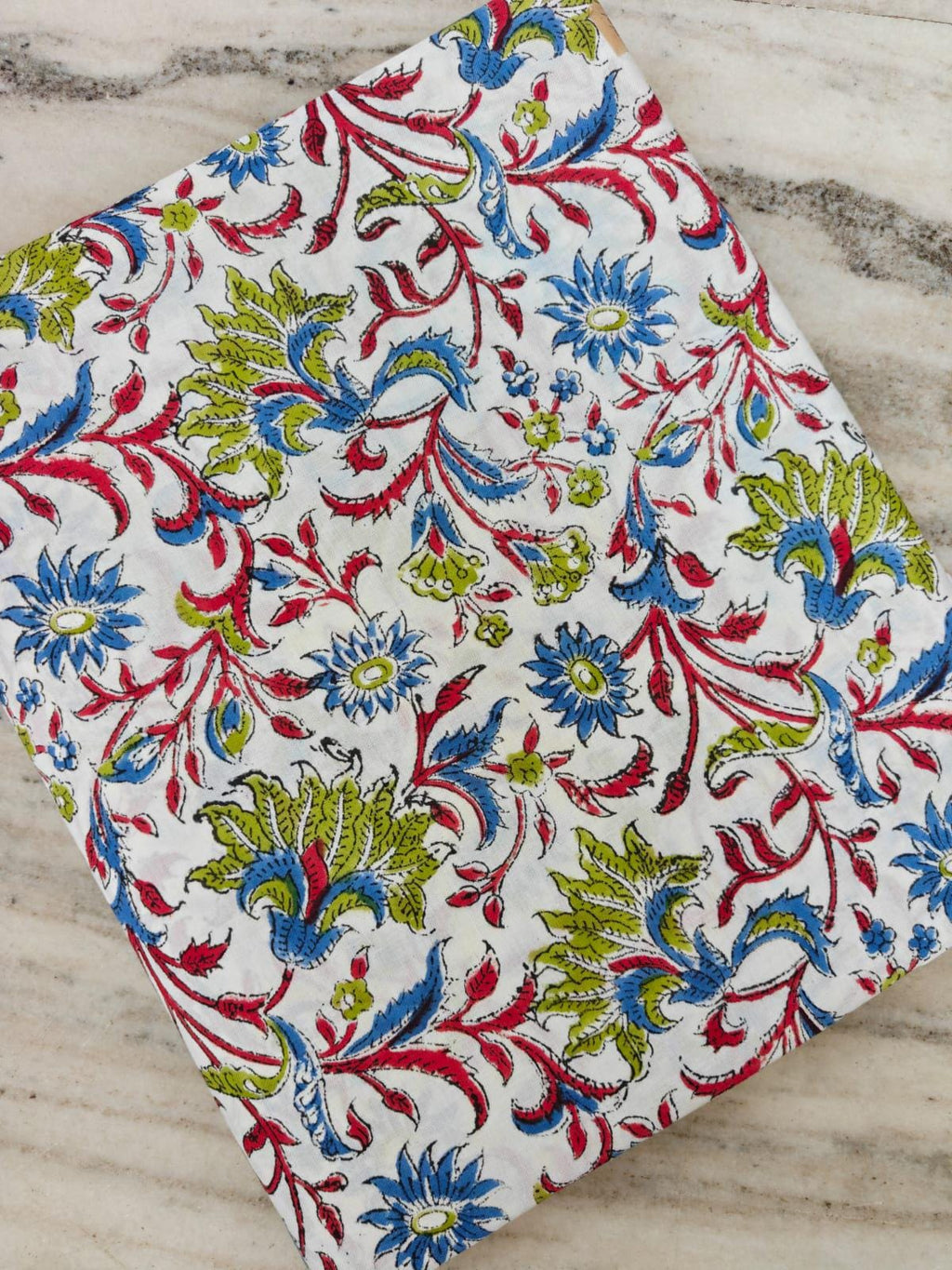 Floral Cotton Fabric, Block Print Fabric, Indian Hand Block Print Fabric, Boho Flower Fabric, Red Blue Green Fabric by Yard, Craft Fabric