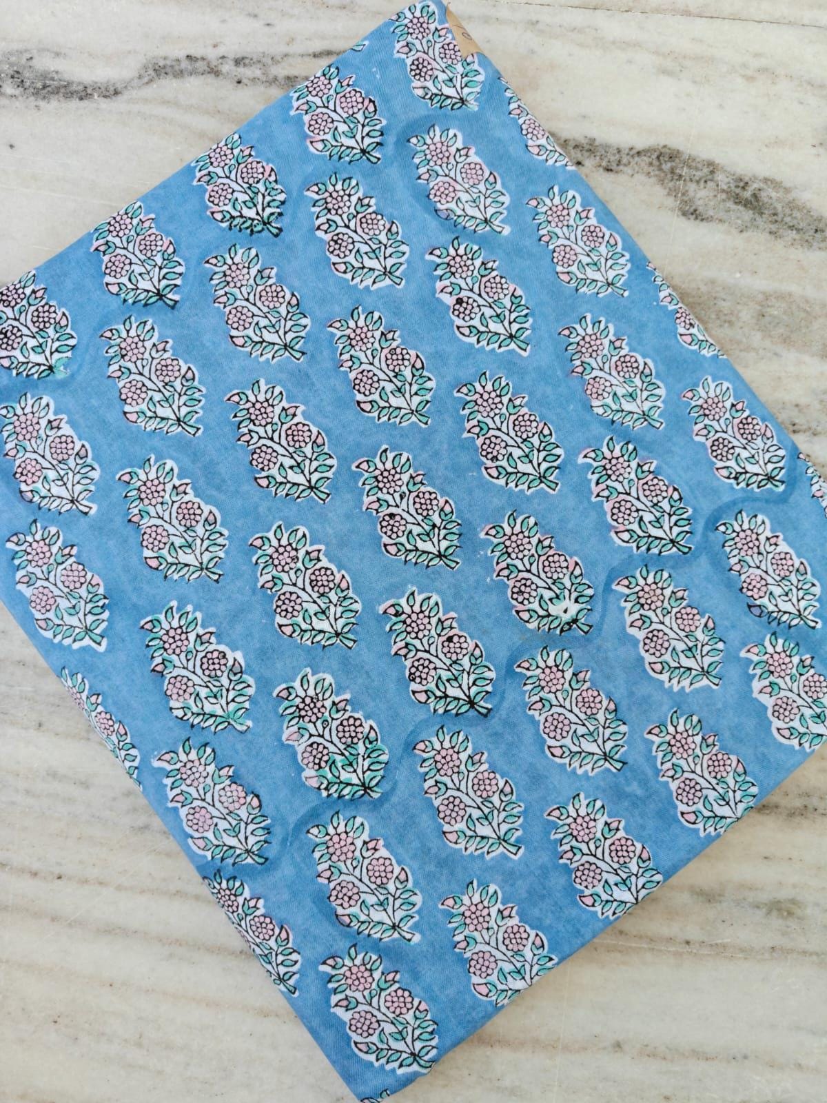 Blue Hand Block Print Cotton Fabric, White Floral Indian Fabric by the Yard, Fabric For Dressmaking, Loose Running Fabric, Personlized Gift