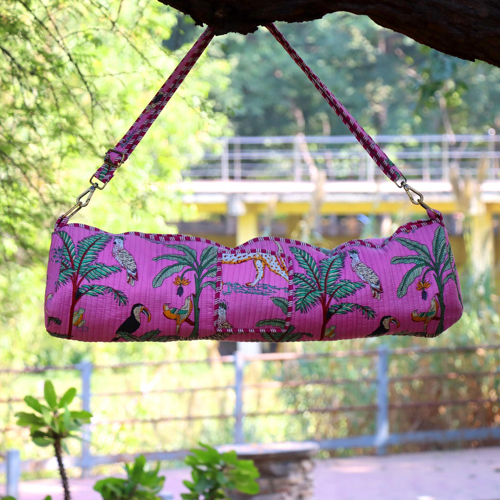 Handmade Yoga Mat Bag, Pink Safari Pattern, Adjustable Strap, Pink Jungle Yoga Mat Holder, Animal Print Gym & Pilates Bag