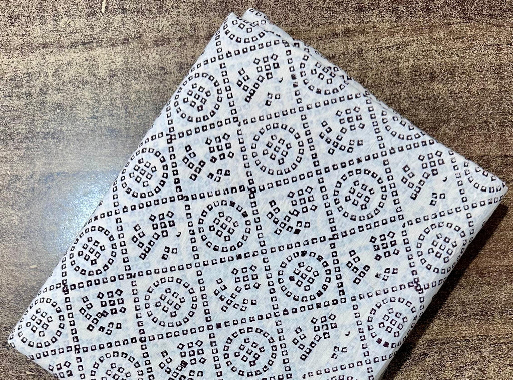 White Geometric Bandhani Indian Hand Block Print Fabric, Soft Cotton Fabric, Floral 100% Cotton Fabric By The Yard, Fabric For Loose Running