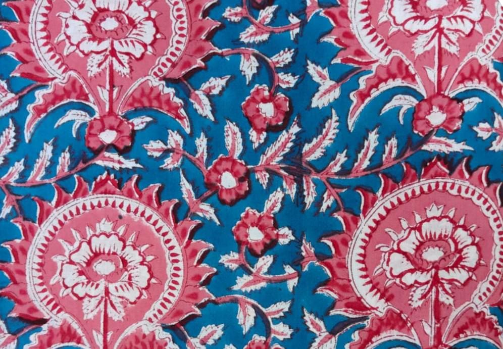 Pink Floral Paisley Cotton Fabric by the Yard, Blue Background Block Print Fabric, Indian Hand Block Print Cotton, Boho Craft Quilting