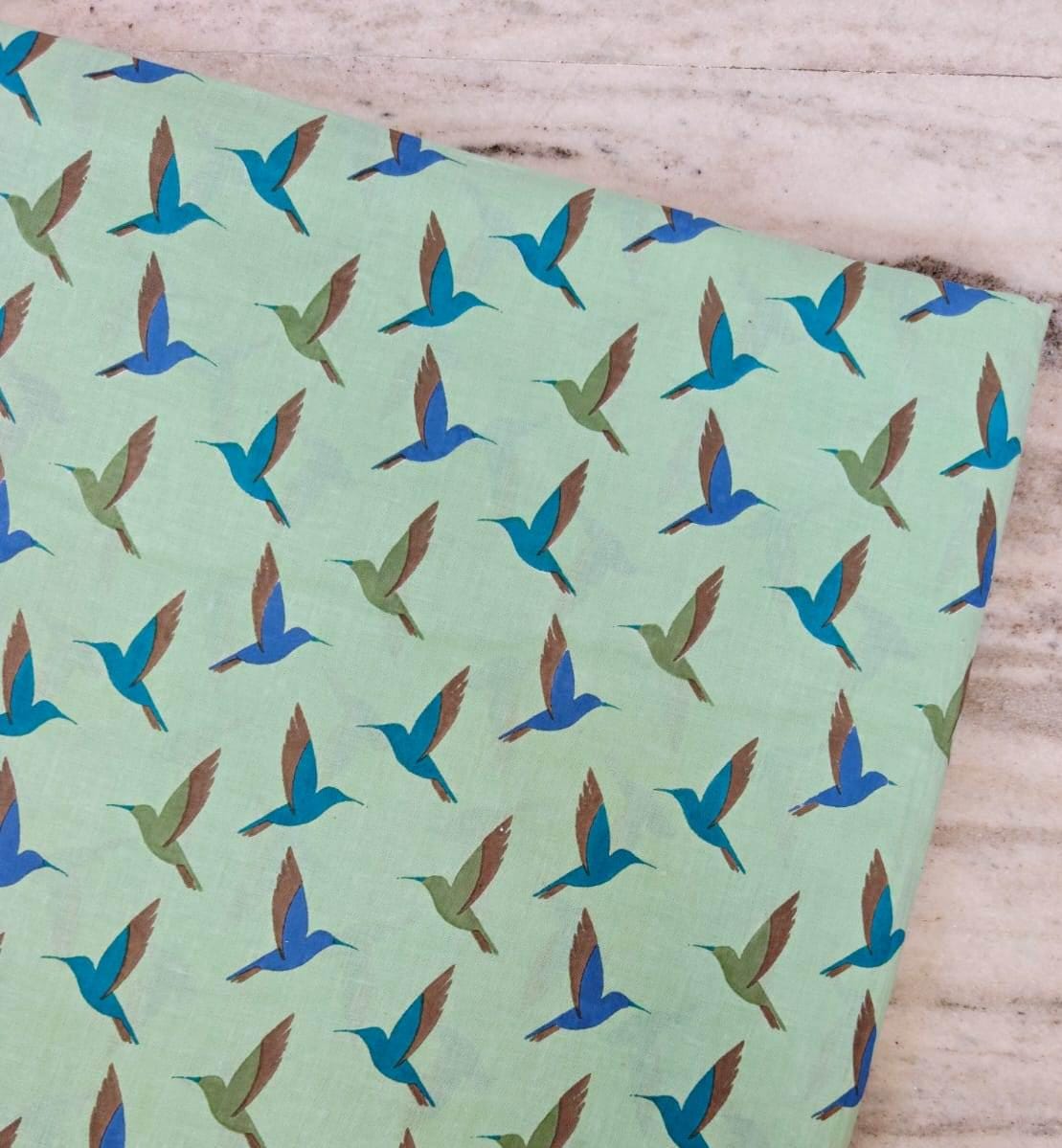 Mint Green Hummingbird Cotton Fabric, Small Bird Print Fabric, Quilting Cotton, Cute Bird Pattern Apparel Sewing Fabric Craft Fabric by Yard