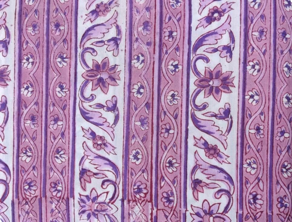 Purple Stripe Floral Cotton Fabric by the Yard, Lightweight Block Print Cloth for Quilting, Sewing, Dressmaking, and DIY Crafts