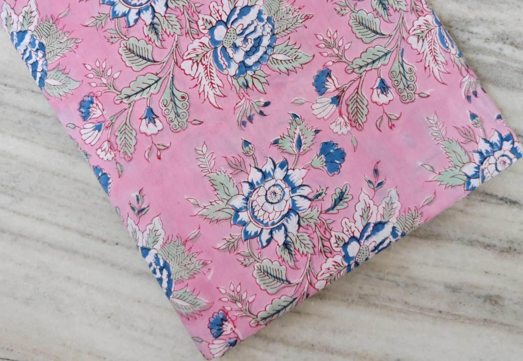 Pink Blue Designer Hand Block Print Fabric, Floral 100% Cotton Quilting Fabric By The Yard, Fabric For Dress Making, Loose Running Fabric
