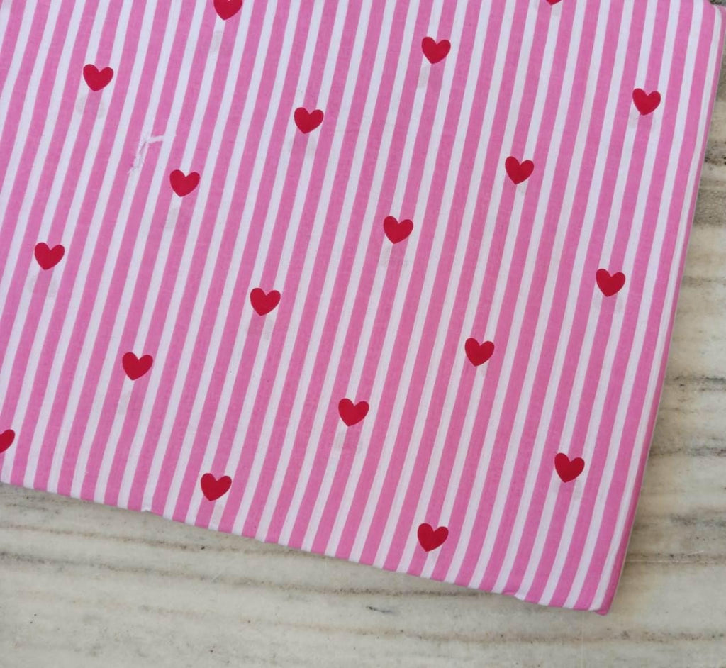Pink Stripe Heart Cotton Fabric, Red Heart Print Fabric, Valentine Fabric by the Yard, Cute Love Pattern Cotton Craft Sewing Quilting Fabric
