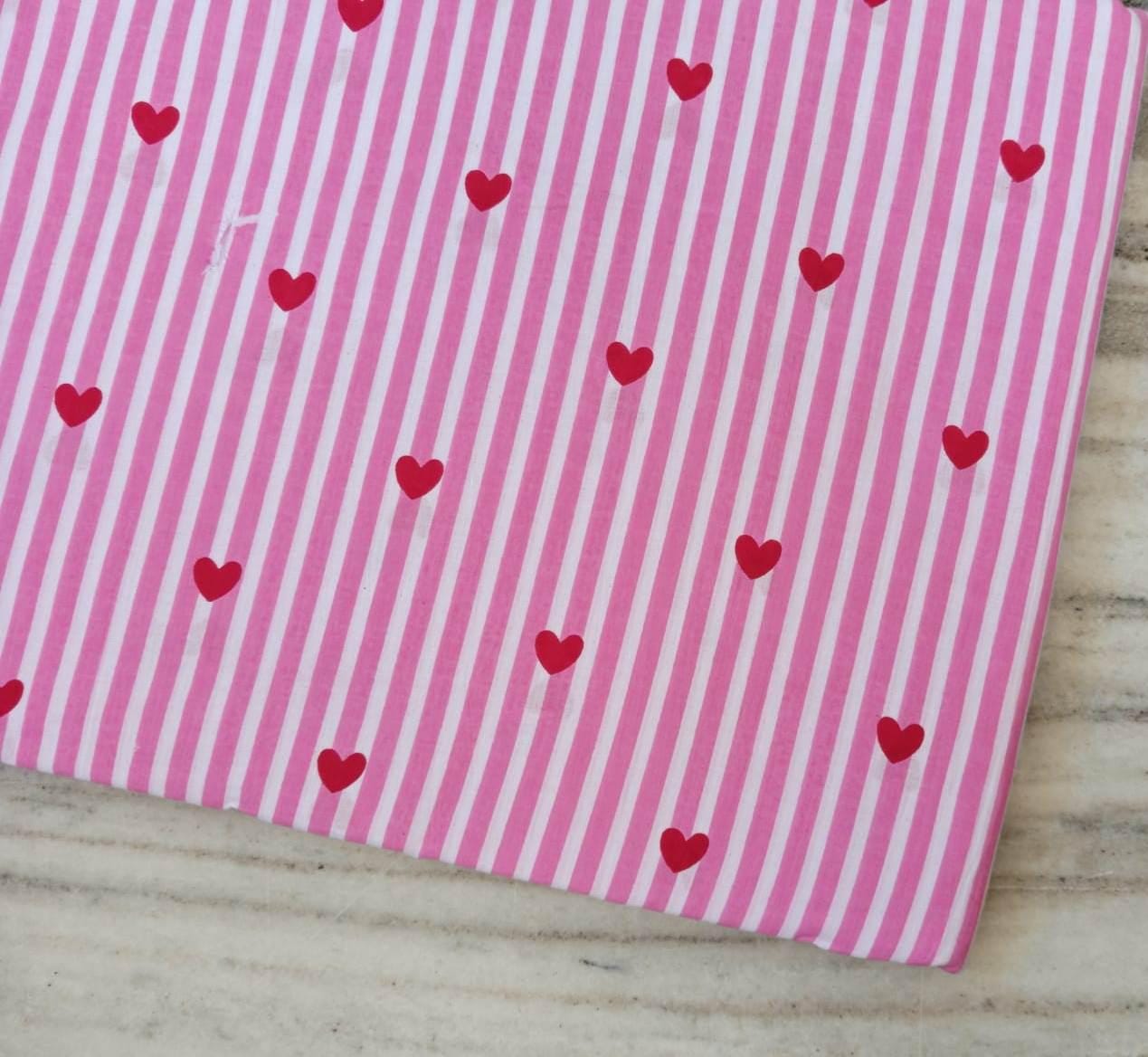 Pink Stripe Heart Cotton Fabric, Red Heart Print Fabric, Valentine Fabric by the Yard, Cute Love Pattern Cotton Craft Sewing Quilting Fabric