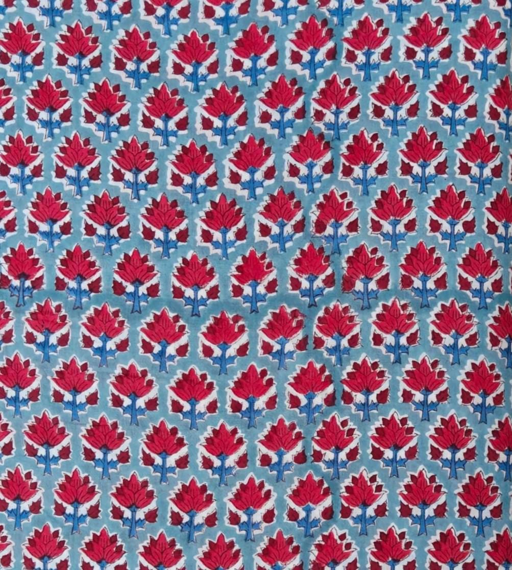 Red Lotus Floral Cotton Fabric, Hand Block Print Fabric by the Yard, Indian Soft Cotton for Quilting, Sewing, Dressmaking, Home Decor