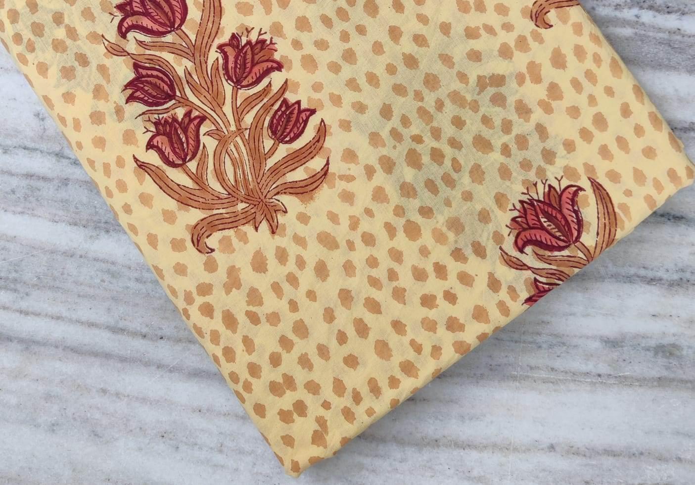 Yellow Cotton Fabric, Hand Block Print Floral Fabric, Mustard Dotted Background, Indian Cotton Fabric, Boho Sewing & Quilting Fabric by Yard