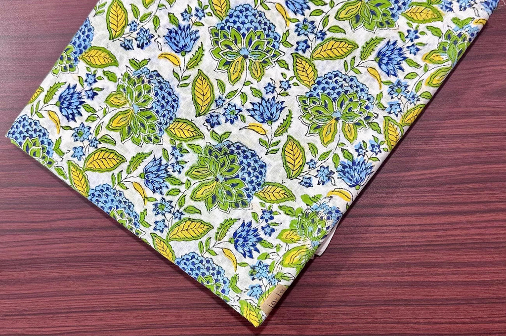 Green Blue Print Cotton Fabric, Multi Color Fabrics, Hand Block Print, Indian Cotton Textile, Sewing Quilting, Loose Running Fabric