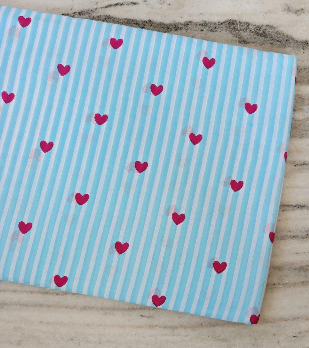 Blue Striped Cotton Fabric with Pink Hearts, Cute Heart Print Fabric, Valentine Fabric by Yard, Kids Craft Fabric, Quilting Sewing. Napkins