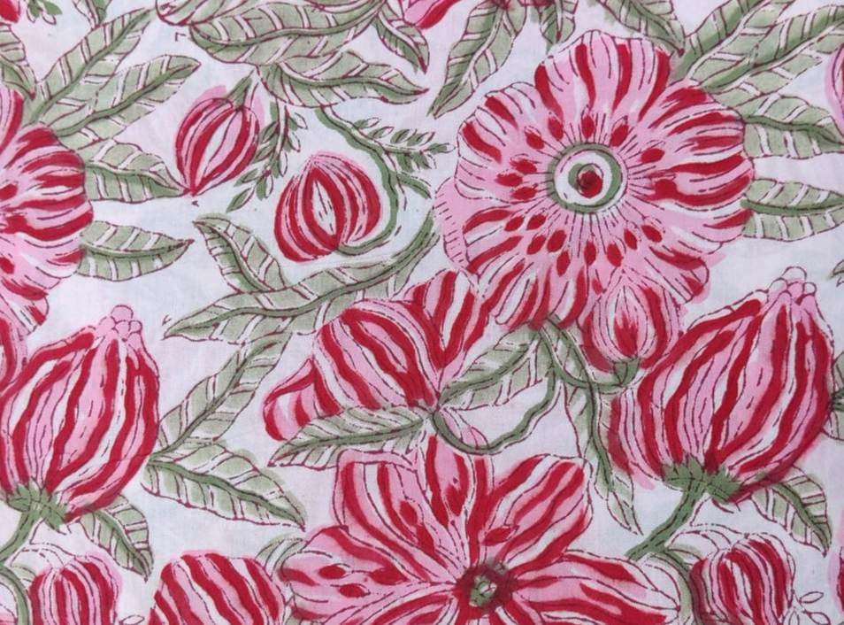 White Red Floral Cotton Fabric, Indian Hand Block Print Fabric, 100% Cotton Fabric By The Yard, Fabric for Loose Running, Textile Fabric