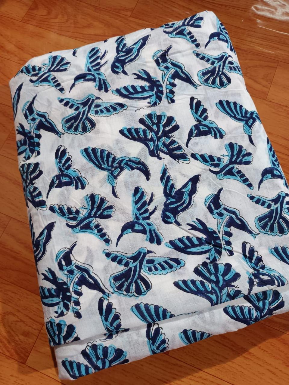 Blue Bird Cotton Fabric by the Yard, Hand Block Print Fabric, Indian Soft Cotton Material for Sewing, Quilting, Dressmaking Textile Fabrics