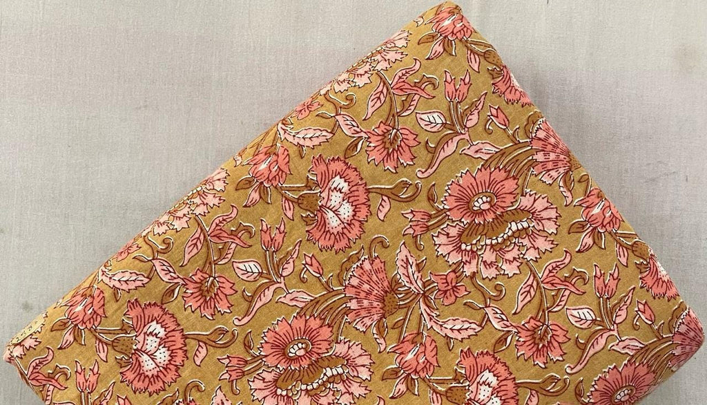 Hand Block Print Cotton Fabric: Red Green Floral Quilting Fabric