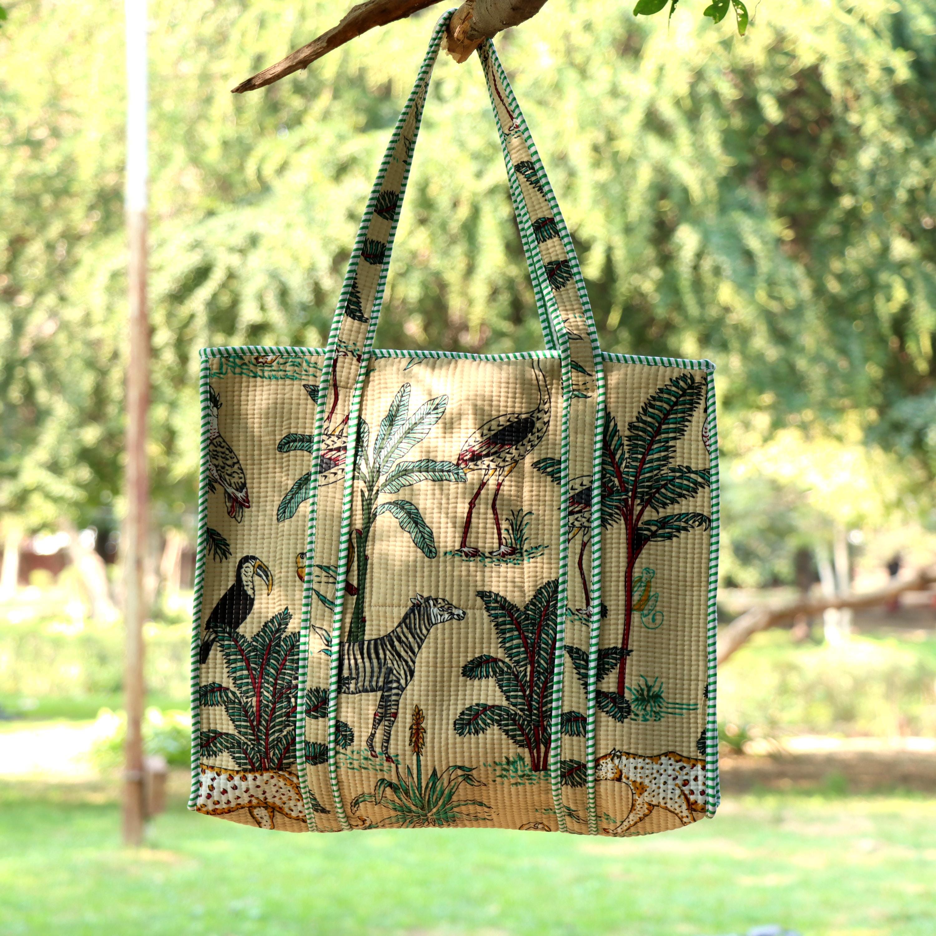 Personalized Cotton Tote Bag, Custom Name Jungle Print Bag, Handmade Quilted Shoulder Bag, Eco Friendly Reusable Shopping Bag, Gift for Her