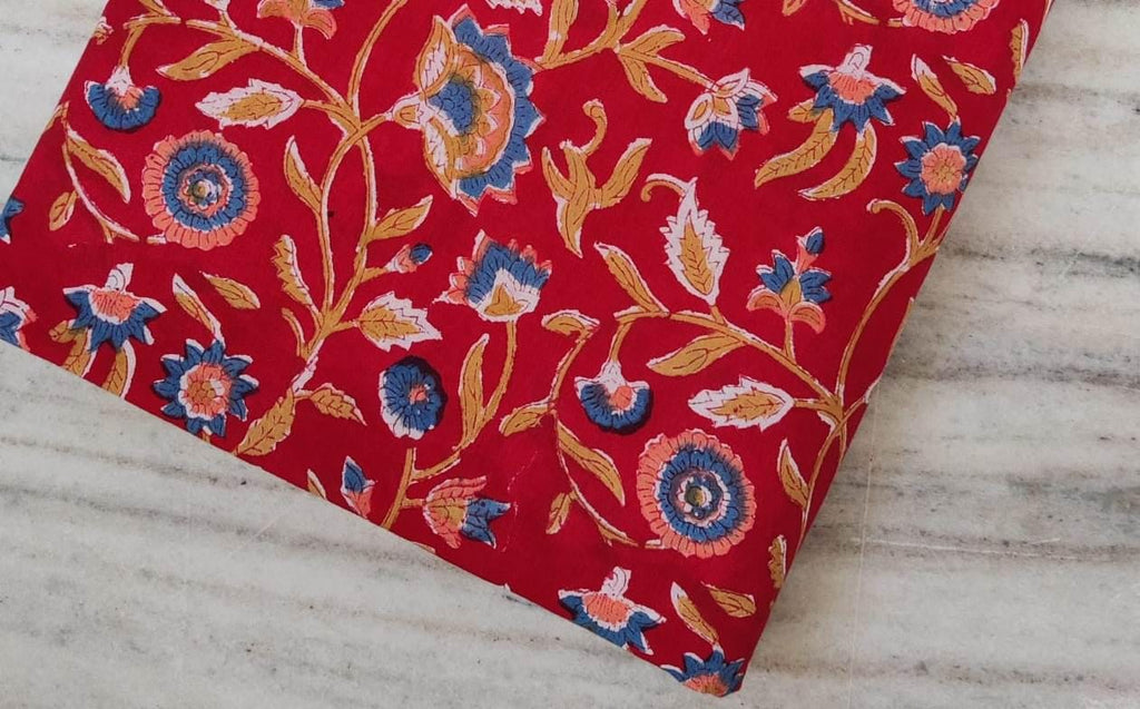 Designer Red Floral 100% Cotton Fabric by the Yard, Block Print Fabric for Quilting, Dressmaking Fabric, Loose Running Fabric Textile Fabric