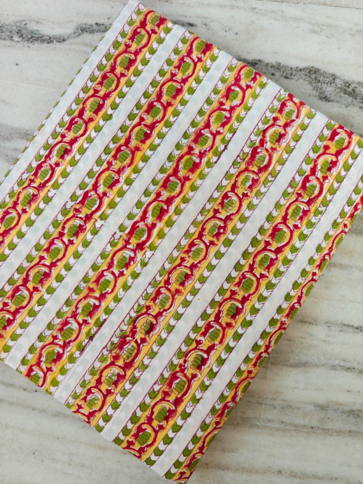 Red Yellow Floral Stripe Cotton Fabric, Indian Hand Block Print Cotton Fabric, Green Boho Stripe Material for Sewing Fabric For Dress Making