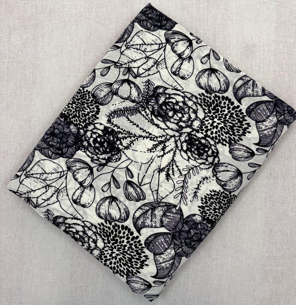 Black and White Floral Cotton Fabric, Botanical Hand Block Print Fabric, Indian Cotton Yardage, Floral Sewing Fabric, Craft Dressmaking