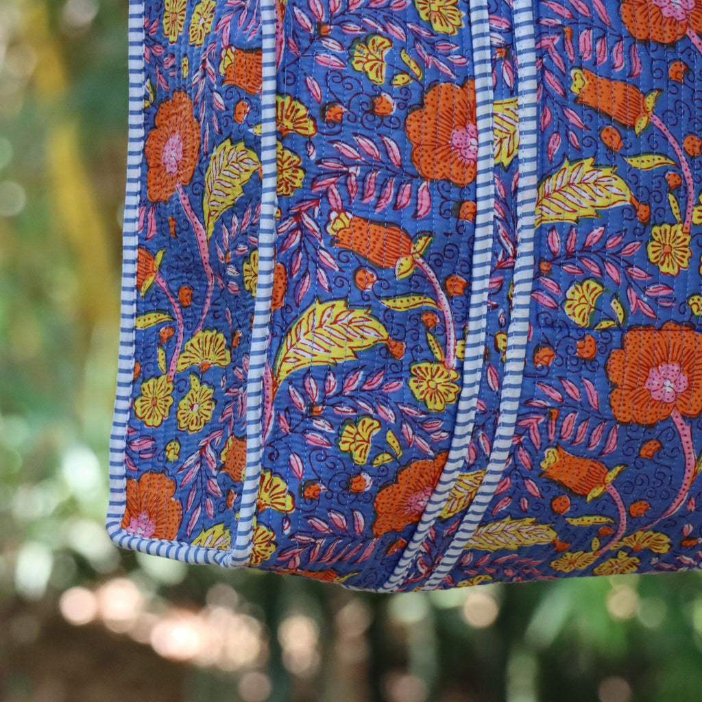 Handmade Quilted Floral Tote Bag, Blue Cotton Shoulder Bag, Block Print Everyday Tote, Boho Reusable Shopping Bag, Gift for Her
