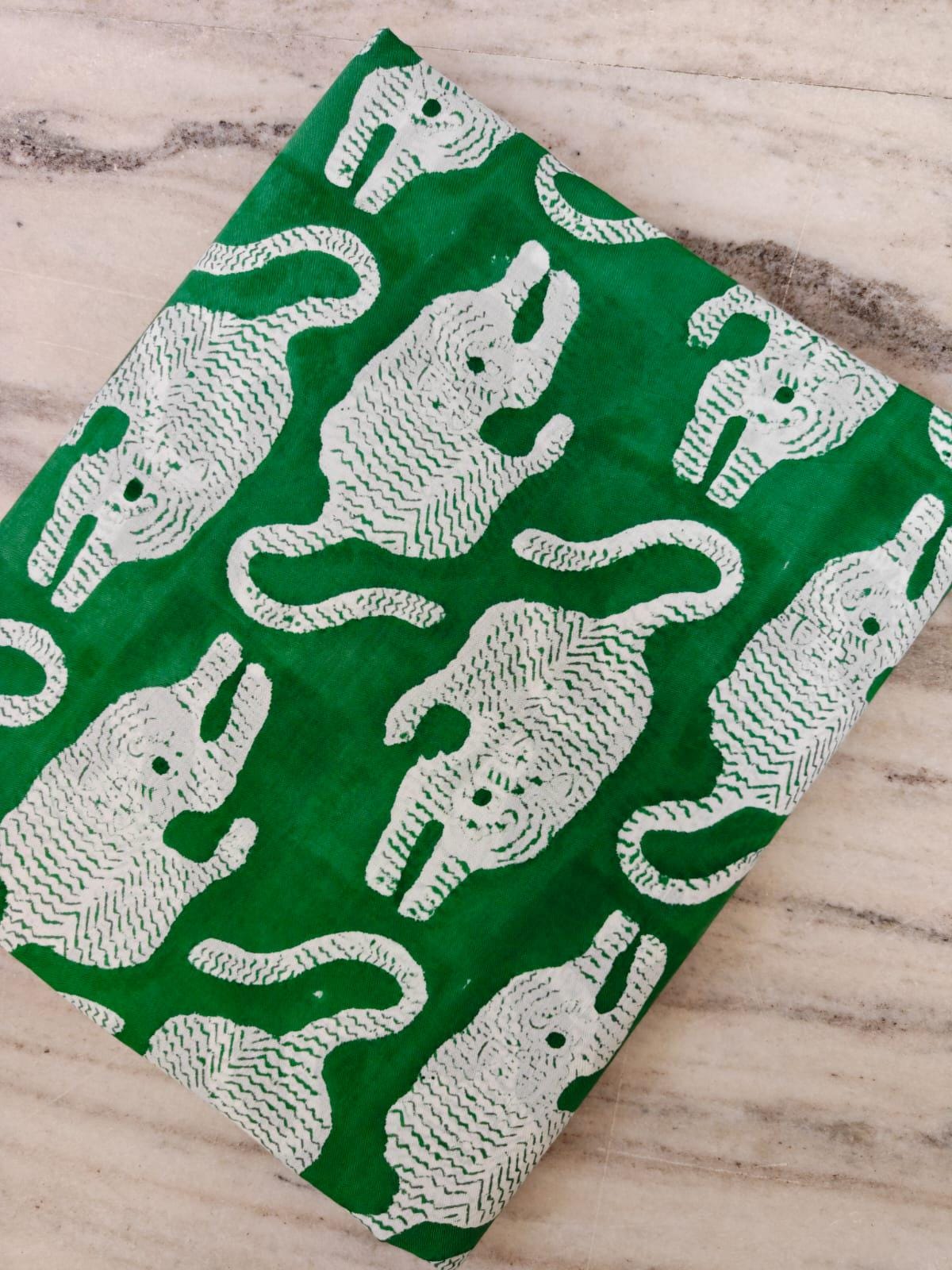 Green Elephant Hand Block Print Cotton Fabric, Indian Animal Print Textile, Quilting, Upholstery, Nursery Craft Fabric, Safari Theme Fabric
