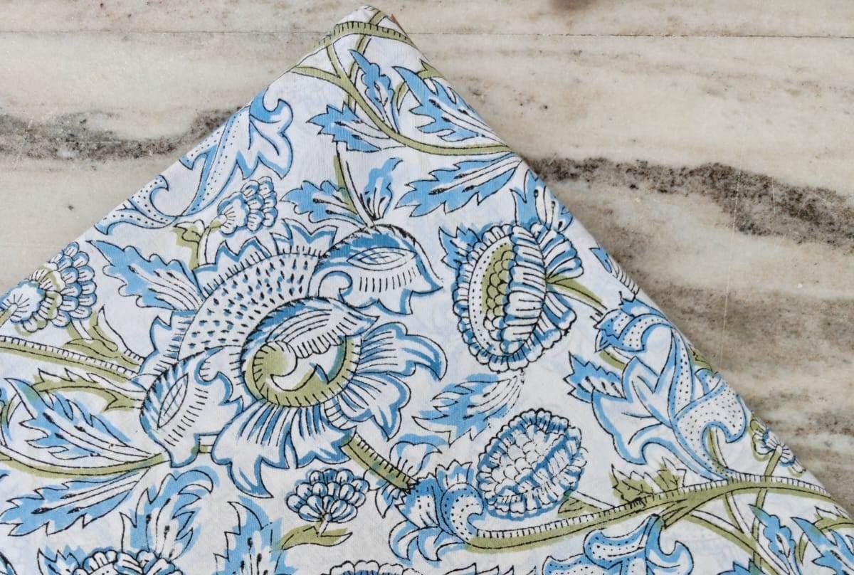 White Cotton Fabric with Blue & Green Floral Print, Hand Block Print Cotton by the Yard, Soft Indian Fabric for Quilting, Sewing Dressmaking