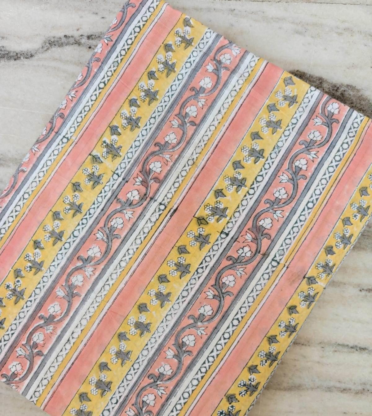 Hand Block Print Cotton Fabric, Striped Floral Indian Fabric, Yellow Peach Gray Print Soft Lightweight Cotton by Yard Sewing Quilting Fabric