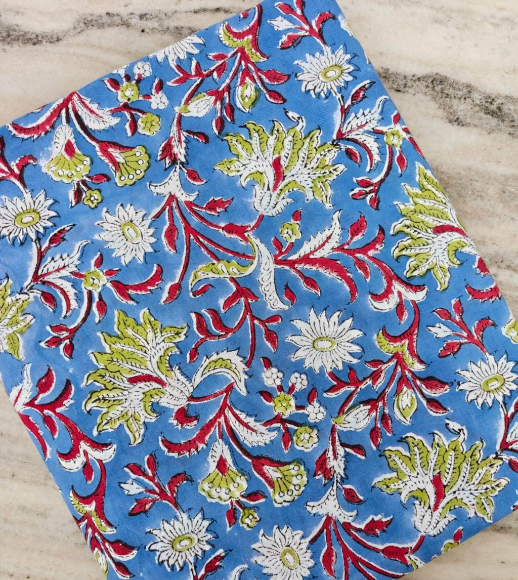 New Arrival Blue Floral Cotton Fabric, Hand Block Print Fabric, Indian Cotton Fabric by Yard, Vintage Floral Print, Dressmaking Fabric