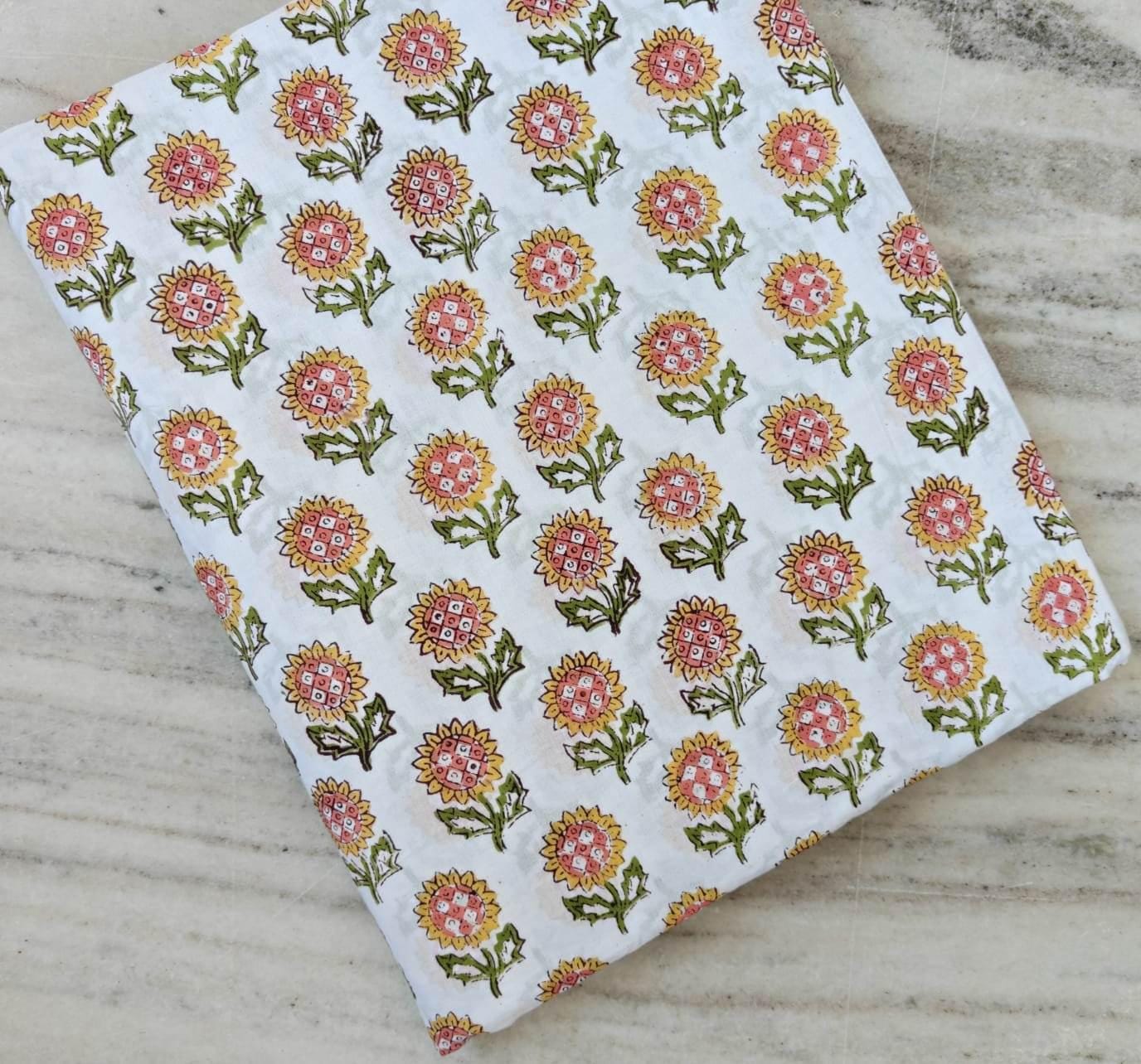 White Sunflower Cotton Fabric, Indian Block Print Floral Fabric, Yellow Pink Flower Cotton Fabric by Yard Quilting Sewing Dressmaking Fabric