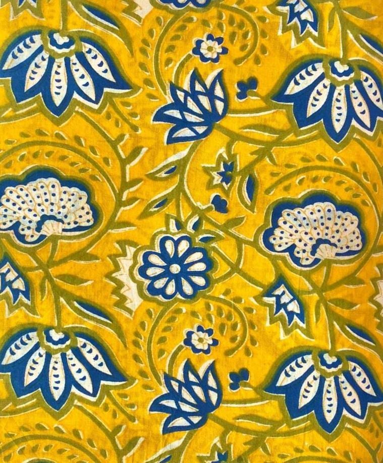 Yellow Indian Hand Block Print Fabric, 100% Cotton Quilting Fabric By The Yard, Fabric For Dress Making, Loose Running Fabric, Napkin Fabric