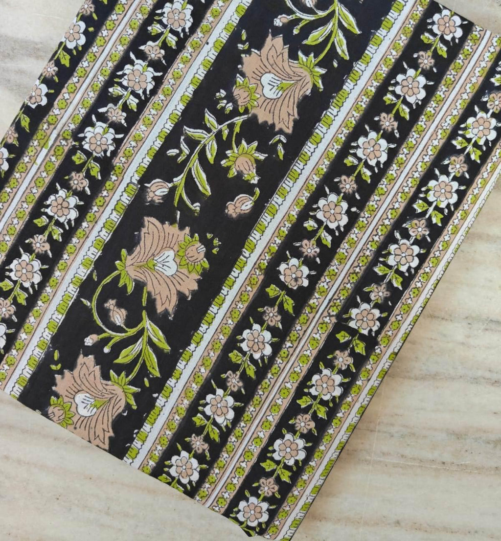 Black Floral Cotton Fabric by the Yard, Vintage Stripe Flower Print, Green Beige Botanical Quilting Sewing Fabric, Curtain Fabric, Napkins