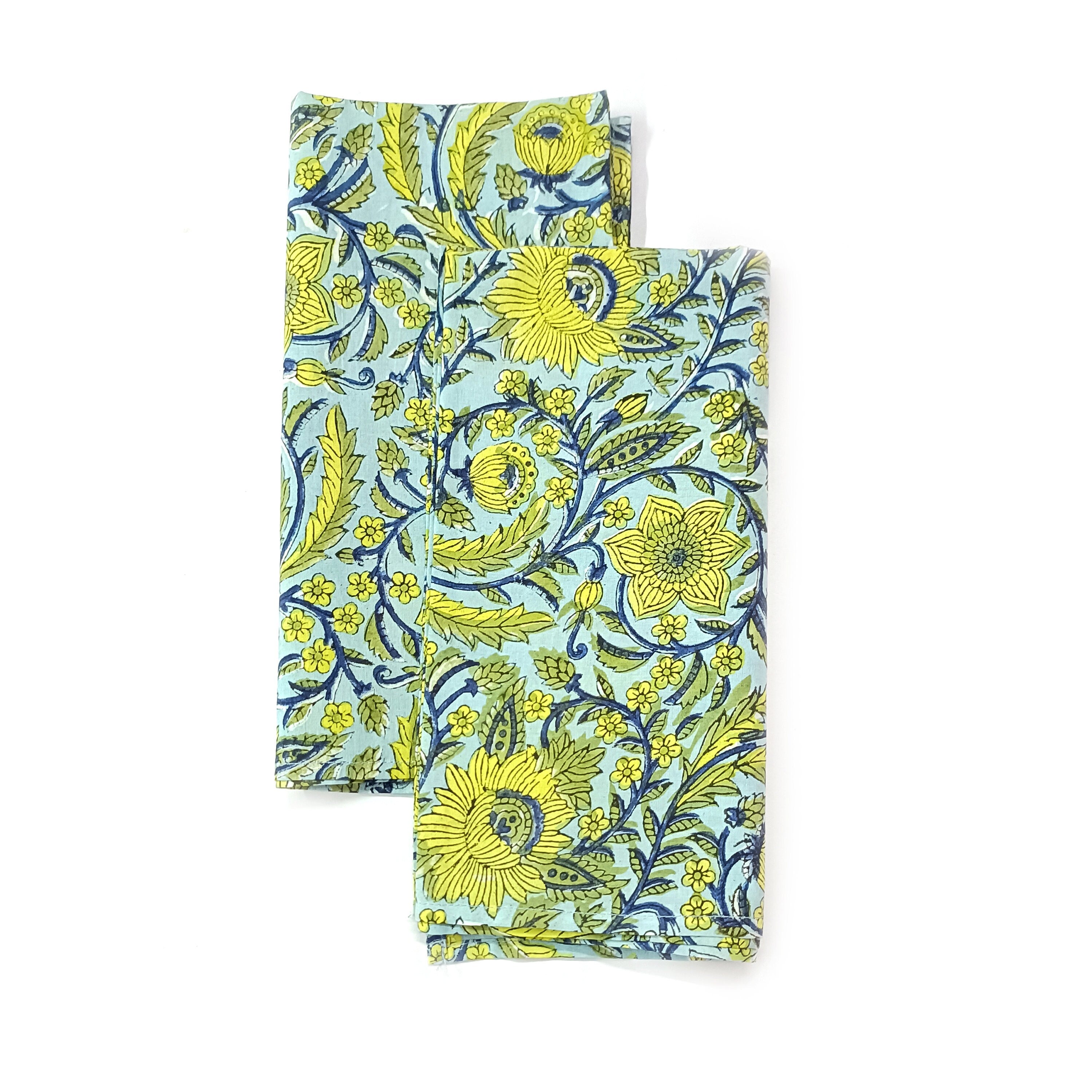 Handmade Organic Cotton Dinner Napkins: Floral Block Print, 20x20 Inches