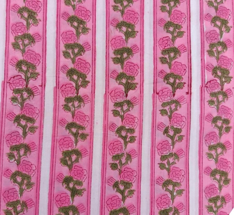 Pink Floral Cotton Fabric, Pink Hand Block Print By The Yard, Indian Soft Cotton Fabric for Loose Running, Dress Making, Textile Fabric