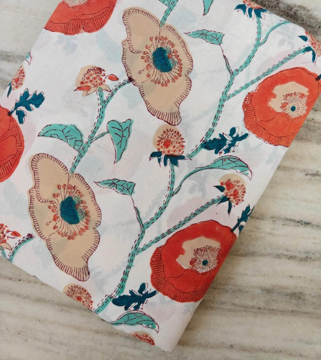 New Arrival Fabric Coral Poppy Cotton Fabric by the Yard, Cream Floral Botanical Print, Teal Leaf Fabric For Dress Making Quilting Fabric