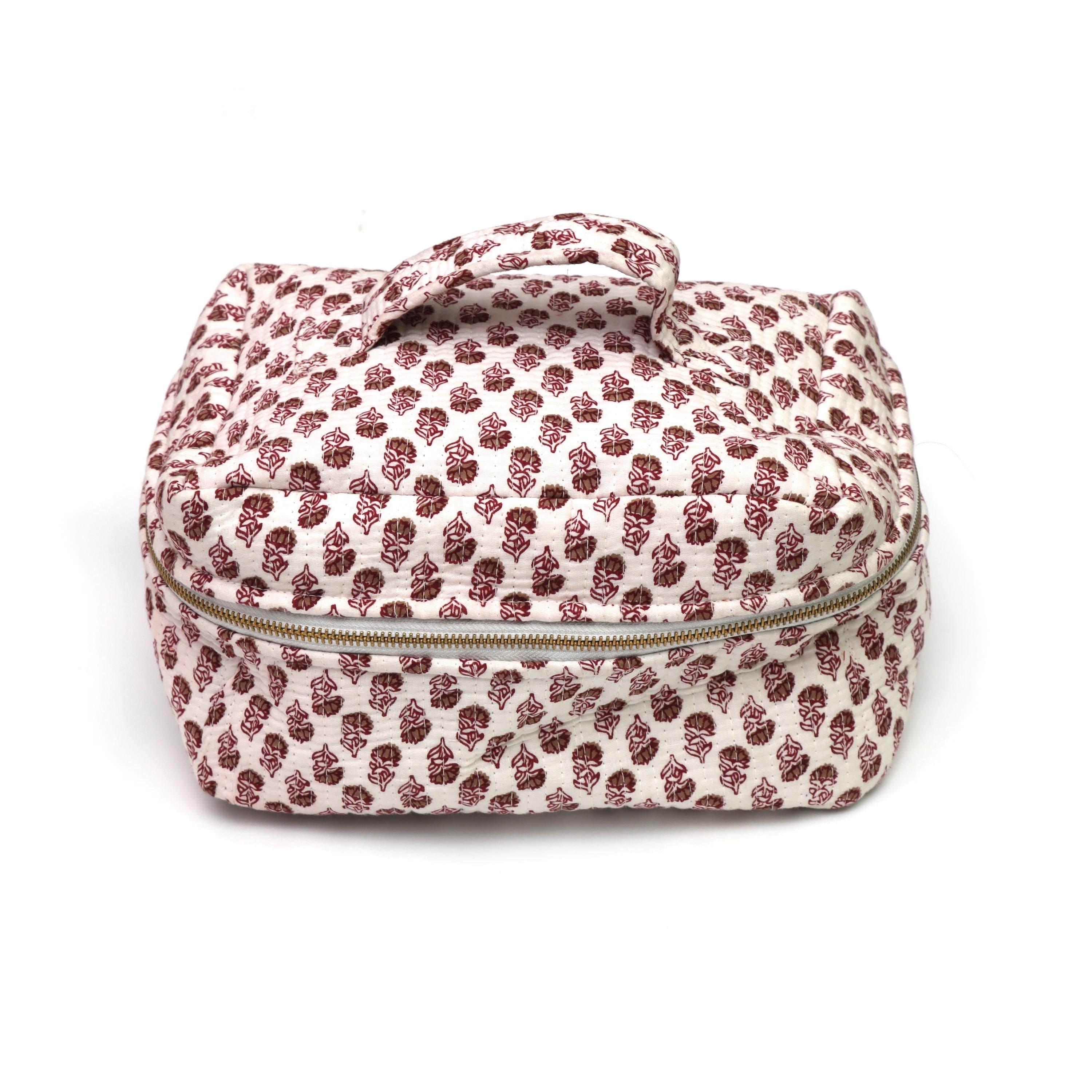 Kantha Quilted Makeup Bag | Cotton Block Print Vanity Case with Zip & Handle | Block Print Zipper Bag | Floral Toiletry Bag | Christmas Gift