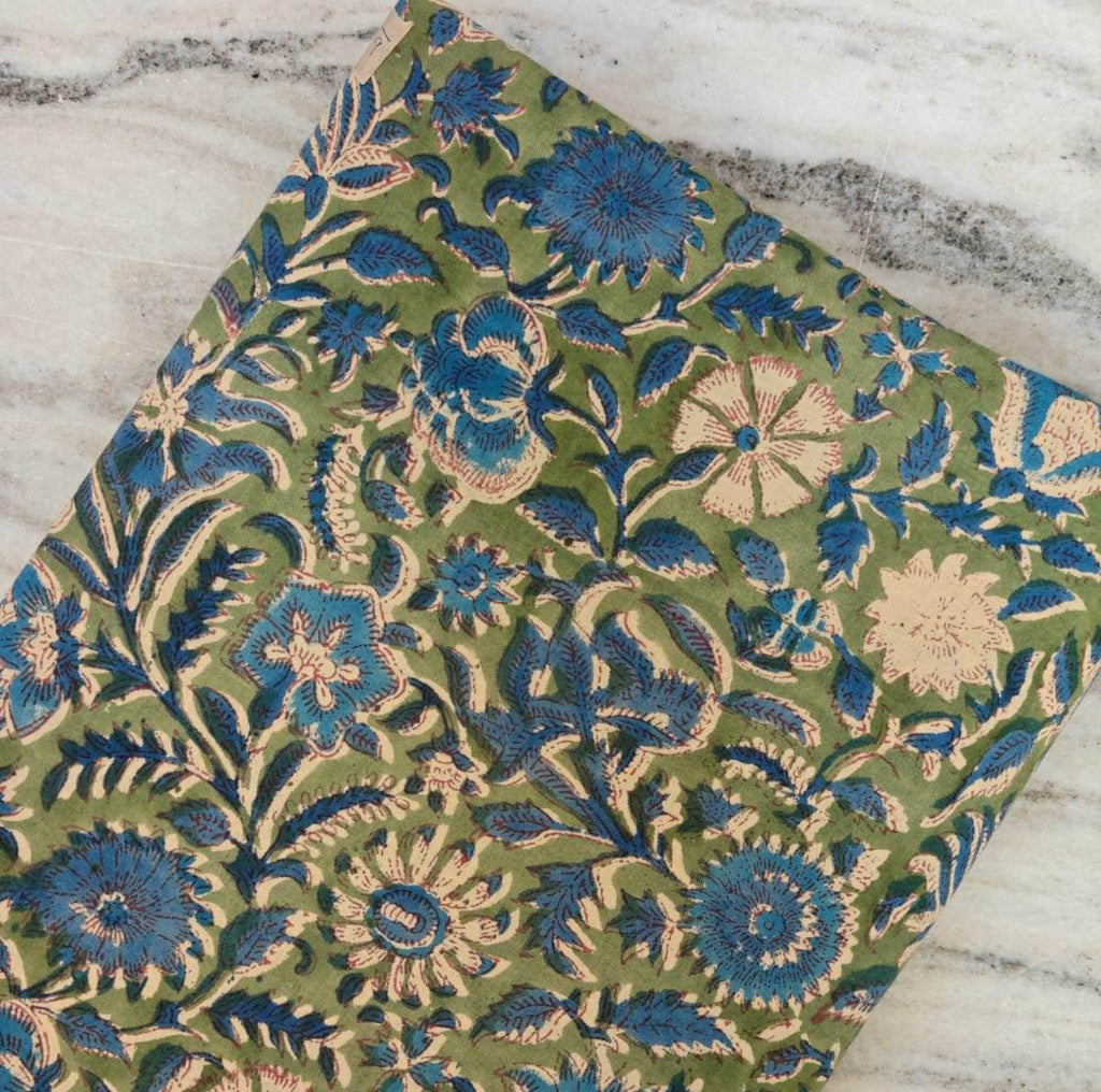 Hand Block Print Cotton Fabric by the Yard | Green Blue Soft Indian Floral Cotton Material | Sewing Quilting Dressmaking Craft Fabric