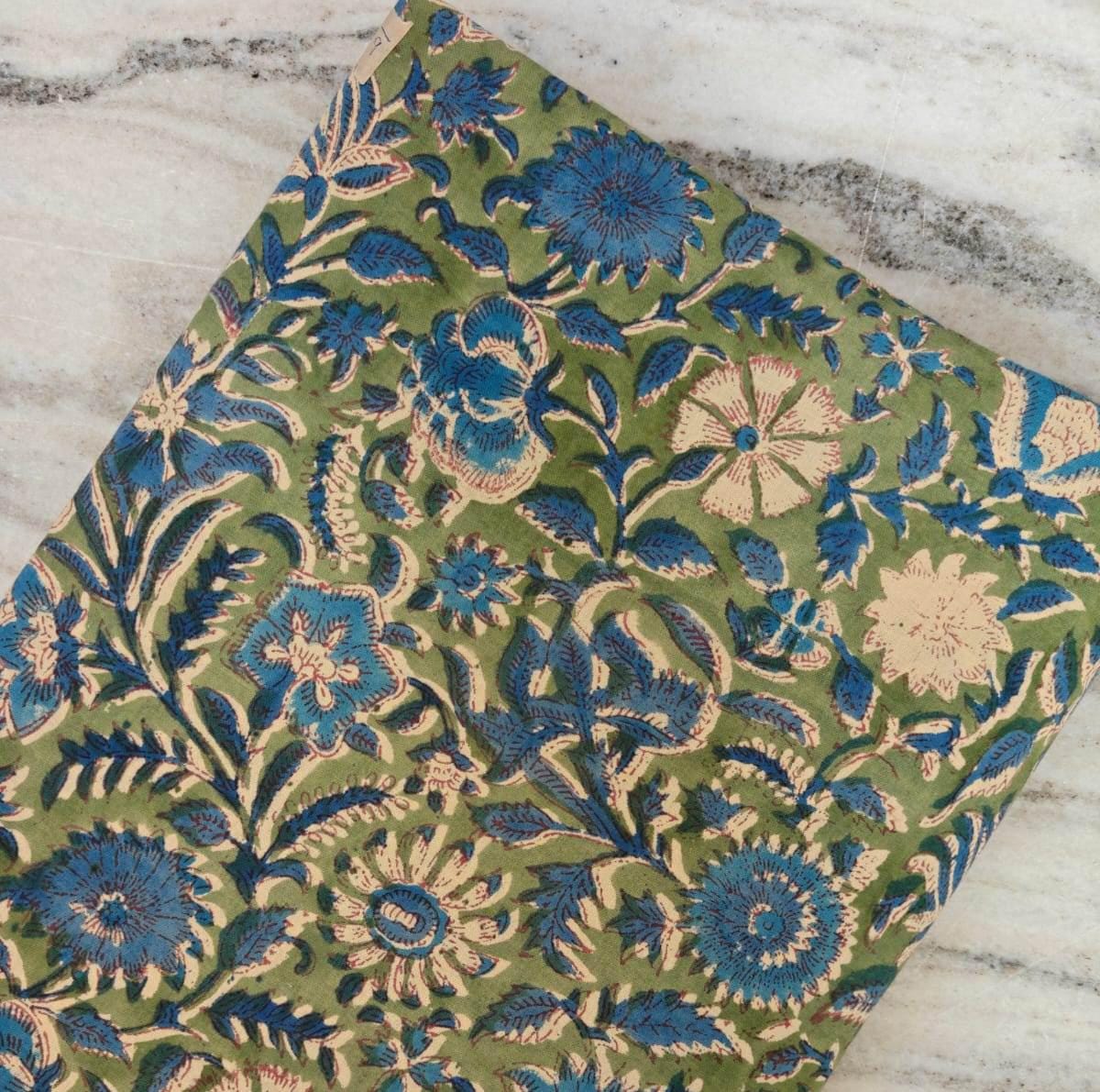 Hand Block Print Cotton Fabric by the Yard | Green Blue Soft Indian Floral Cotton Material | Sewing Quilting Dressmaking Craft Fabric