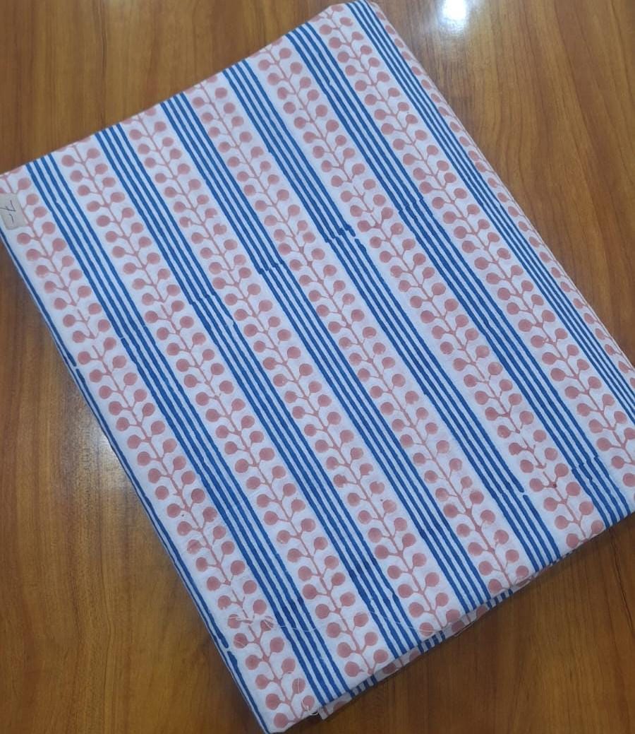 Pink Blue Stripe Cotton Fabric, Floral Stripe Block Print Fabric, Indian Hand Block Print Cotton Fabric by Yard, Boho Sewing Quilting Fabric