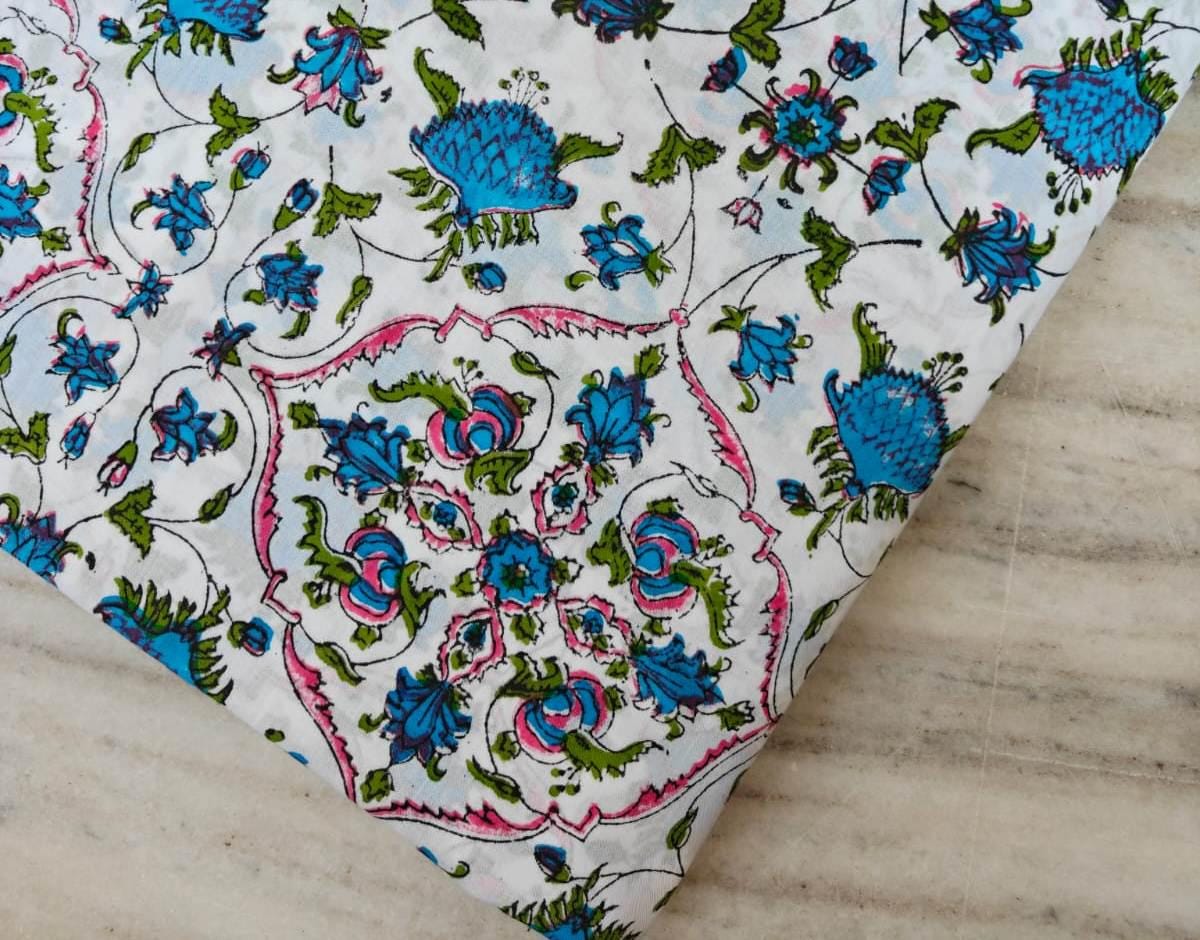 White Blue Designer Hand Block Print Fabric, Red Floral 100% Cotton Quilting Fabric By The Yard, Fabric Dress Making, Loose Running Fabric