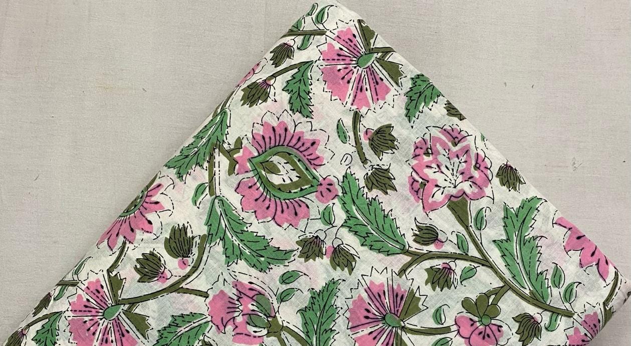 Pink and Green Floral Cotton Fabric, Vintage Style Botanical Print, Quilting Cotton, Soft Craft Fabric, Dressmaking Material by the Yard